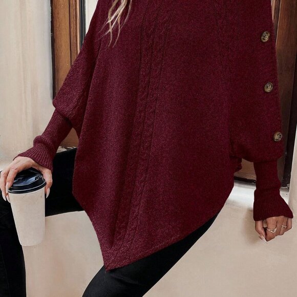 Burgundy Casual Womens Turtleneck Batwing Sleeve Button Detail Poncho Sweater - Picture 6 of 7